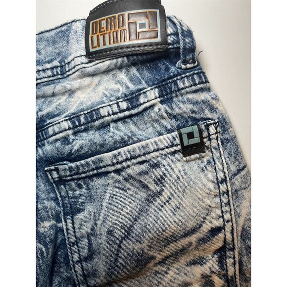 Demolition Girl’s Stonewashed Biker Jeans with Patches Size M Blue - Picture 9 of 13